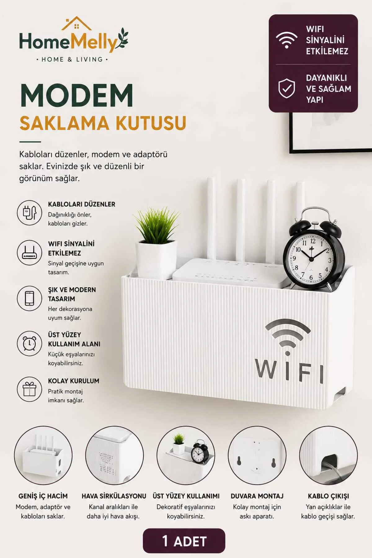 1 Adet Krem Renkli Duvara Monte Edilebilir Modem Saklama Kutusu