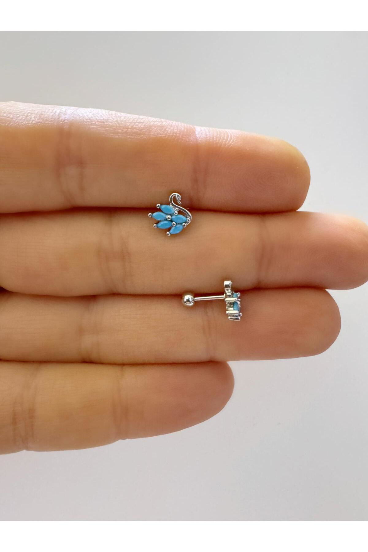 1 adet mavi zirkon taşlı kuğu tragus helix lobe uyumlu piercing