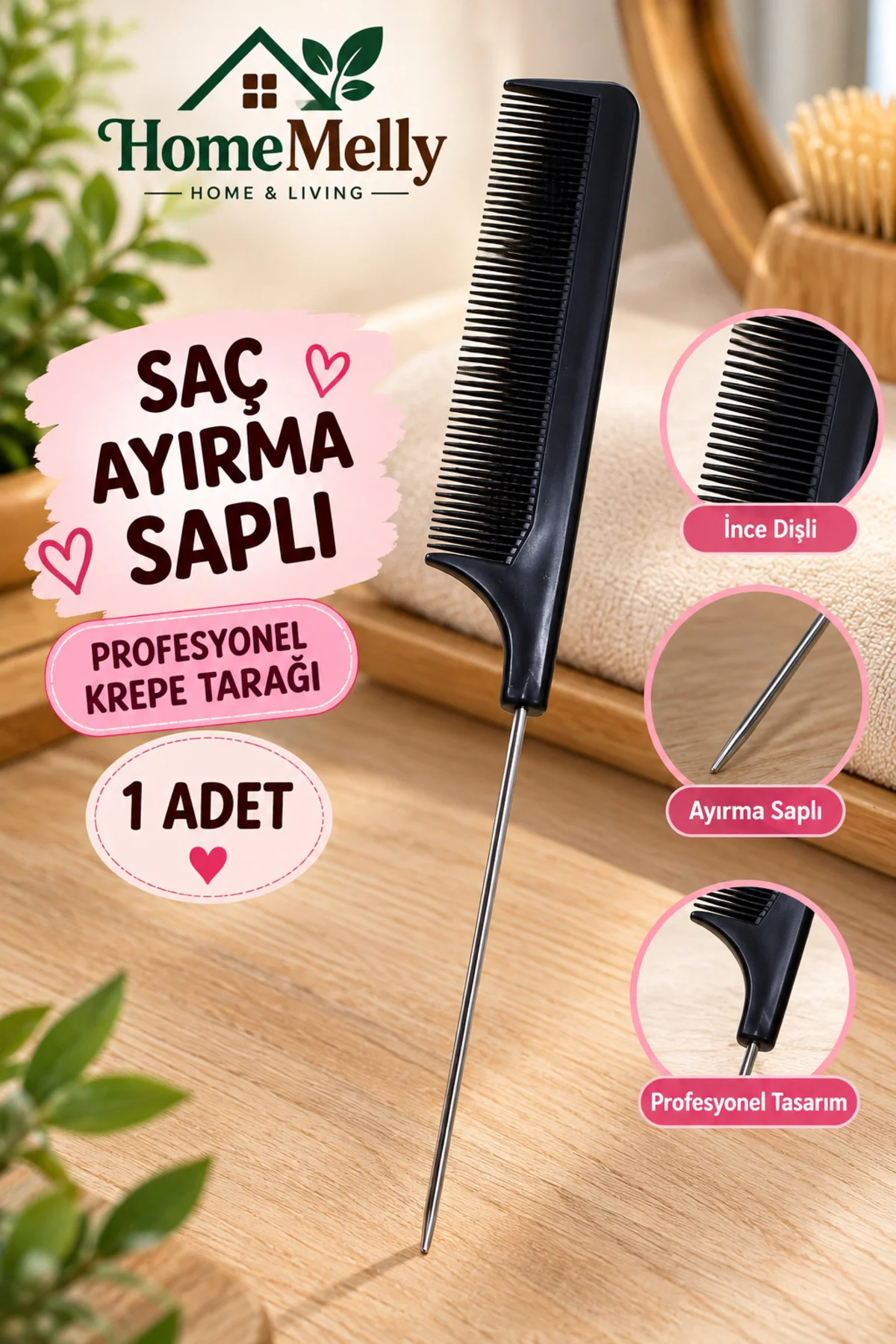 1 Adet Metal Uçlu Profesyonel Krepe Tarağı, Saç Ayırma Tarağı 1 Adet Metal Uçlu Profesyonel Krepe Tarağı, Saç Ayırma Tarağı