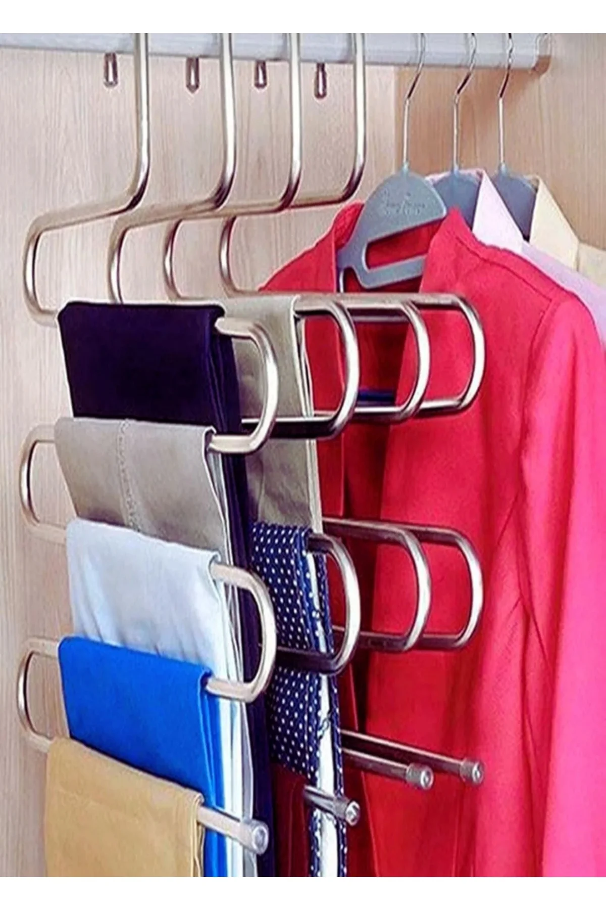 1 Adet Pantalon Askısı Metalik Dolap İçi Akıllı Krom Askı Çok Katlı Pantolon Askısı (5 Katlı)