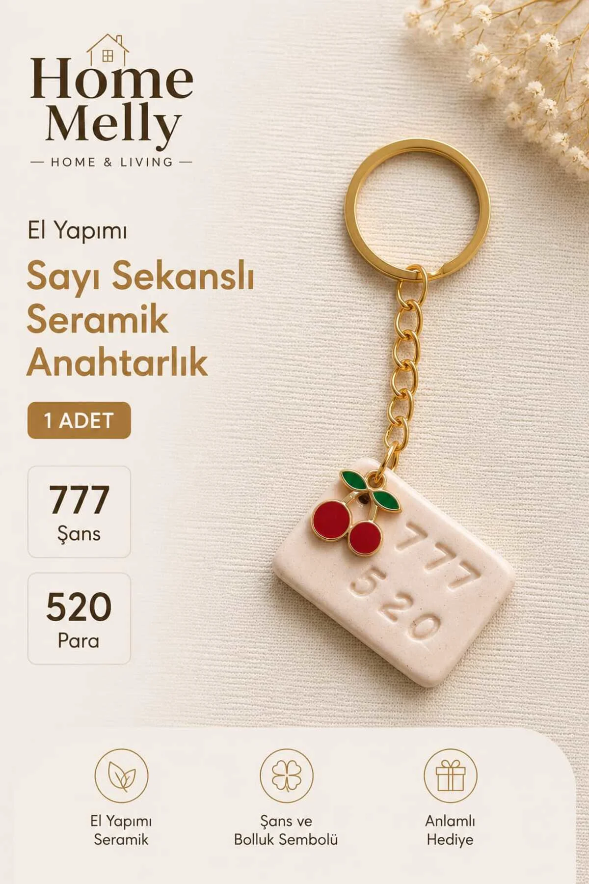 1 Adet Seramik El Yapımı Sayı Sekanslı Anahtarlık , 777 - 520 şans ve para anahtarlığı