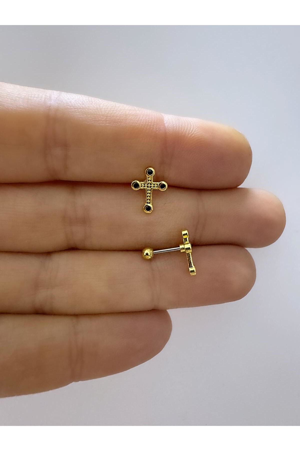 1 ADET TRAGUS HELİX LOBE UYUMLU HAÇ PİERCİNG