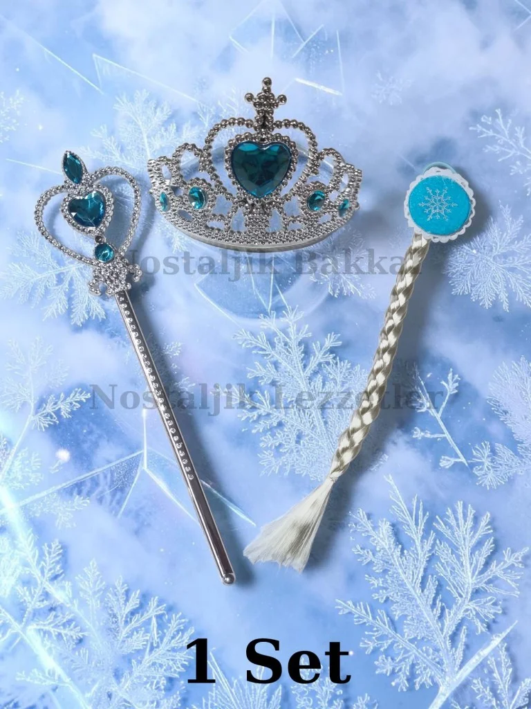 1 Adet Yeni Karlar Ülkesi Frozen Elsa Prenses Model Çocuk Örgü Çıtçıt Saç Toka-Taç-Asa 3'Lü Hediye Set Mavi