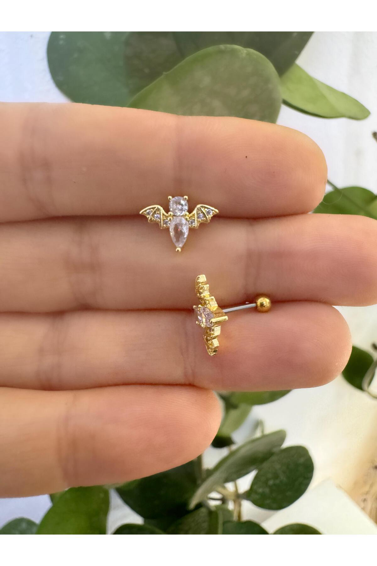 1 ADET ZİRKON TAŞLI YARASA TRAGUS HELİX KIKIRDAK LOBE UYUMLU PİERCİNG KÜPE