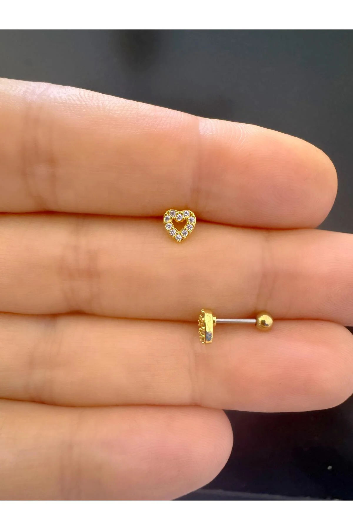 1 adet zirkon taşlı minimal kalp tragus helix lobe uyumlu piercing küpe
