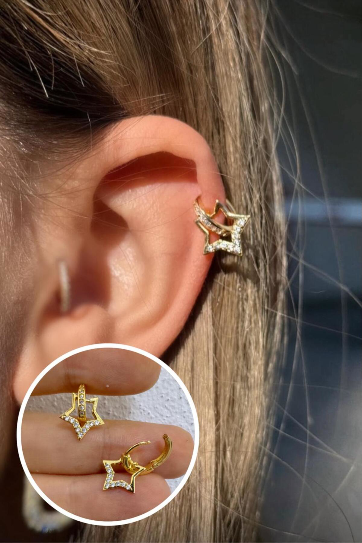 1 ADET ZİRKON TAŞLI YILDIZ DETAYLI HALKA HELİX LOBE TRAGUS UYUMLU PİERCİNG