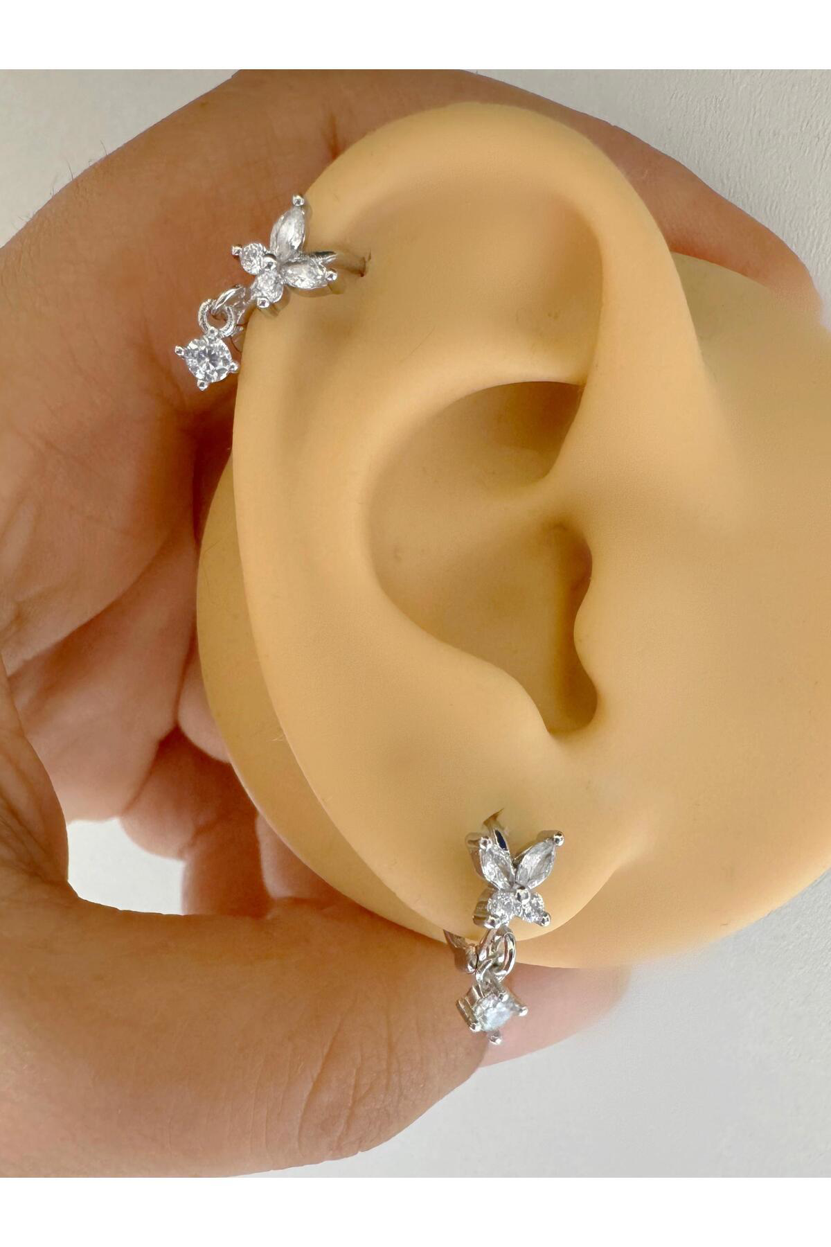 Arescollection 1 Adet Zirkon Taşli Sallantili Kelebek Helix Kikirdak Lobe Uyumlu