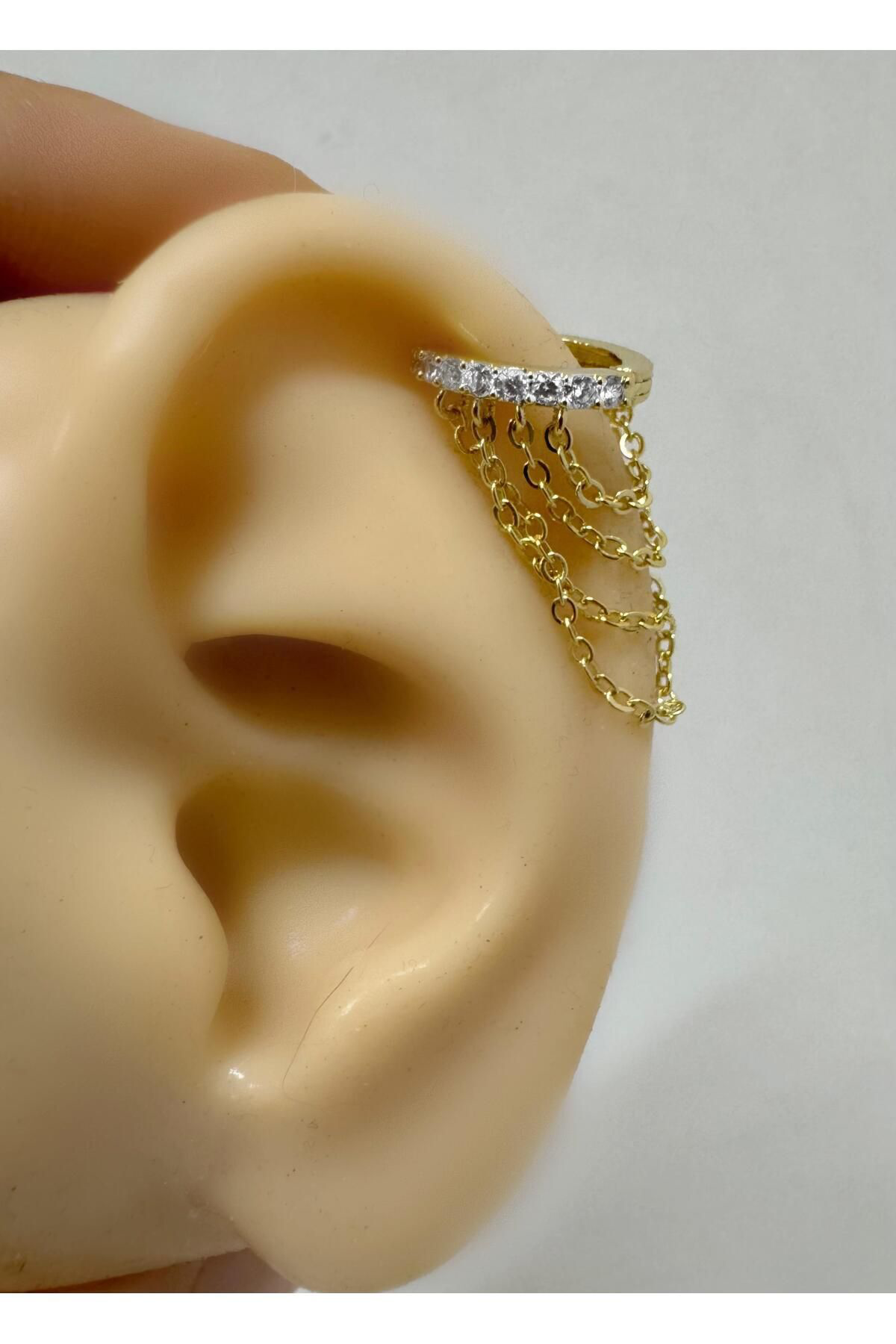 1 adet zirkon taşlı 4 sıra  zincirli sol kulak uyumlu halka piercing