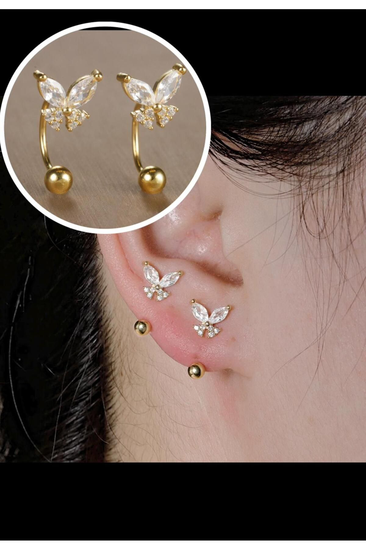 Arescollection 1 Adet Zirkon Taşli Kelebek Model Halka Helix Kikirdak Kulak Meme