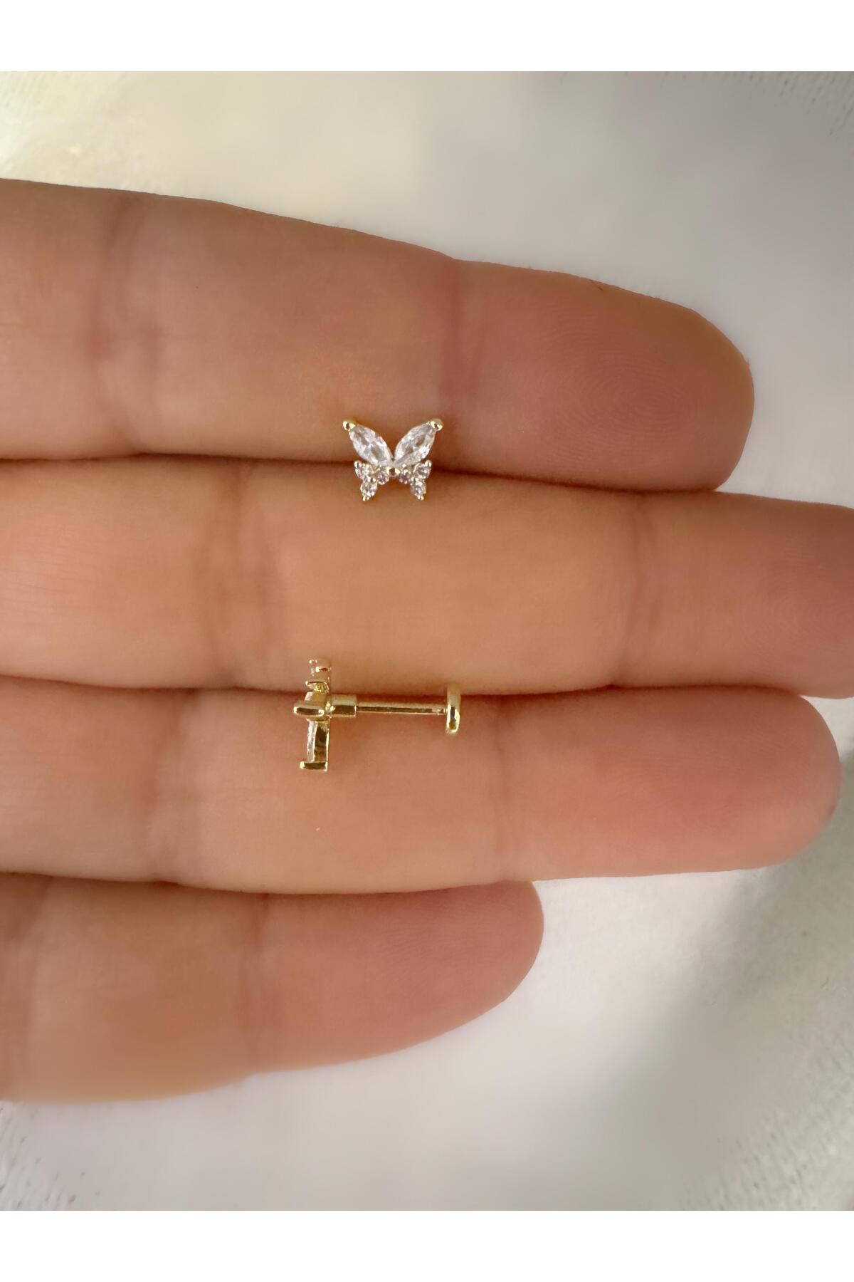 1 ADET ZİRKON TAŞLI KELEBEK TRAGUS HELİX LOBE UYUMLU PİERCİNG