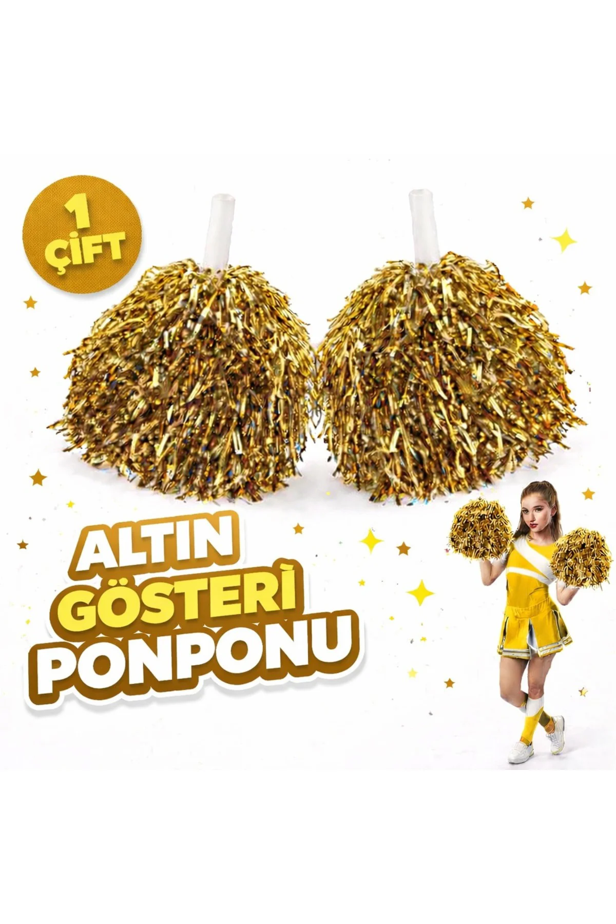 1 Çift ( 2 Adet ) Altın Renk 23 Nisan 19 Mayıs 29 Ekim Okul Gösteri Ponponları