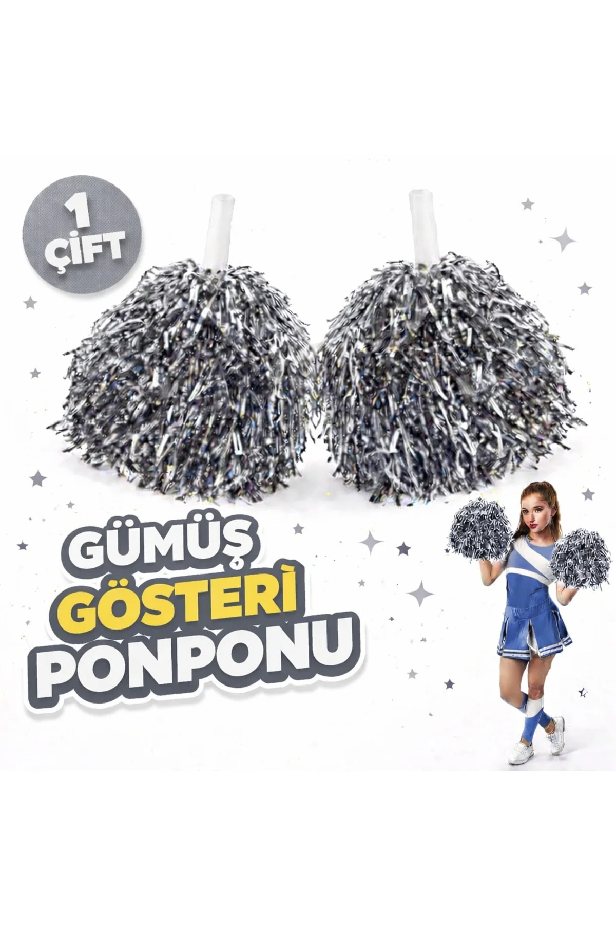 1 Çift ( 2 Adet ) Gümüş Renk 23 Nisan 19 Mayıs 29 Ekim Okul Gösteri Ponponları