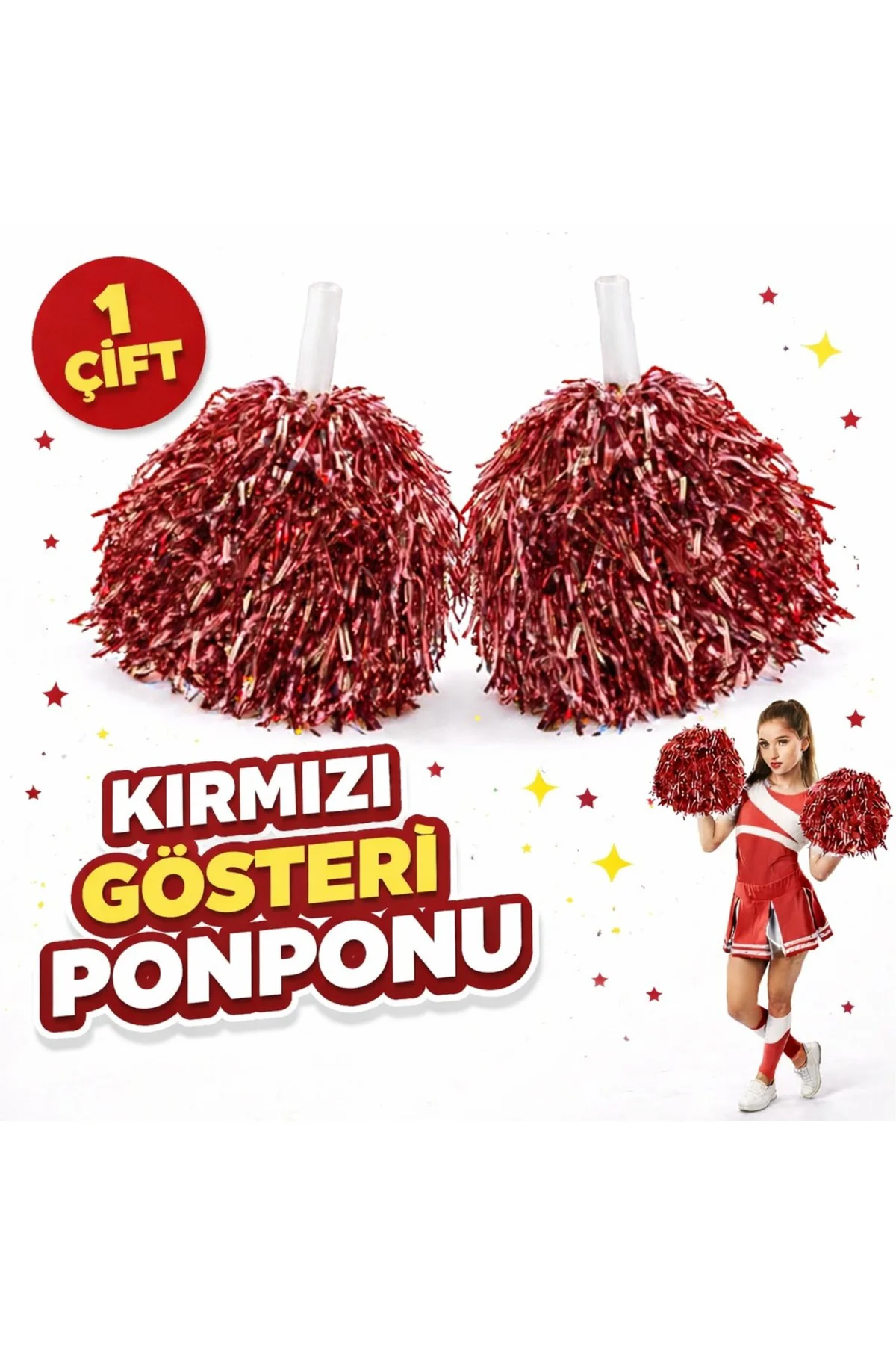 1 Çift ( 2 Adet ) Kırmızı Renk 23 Nisan 19 Mayıs 29 Ekim Okul Gösteri Ponponları