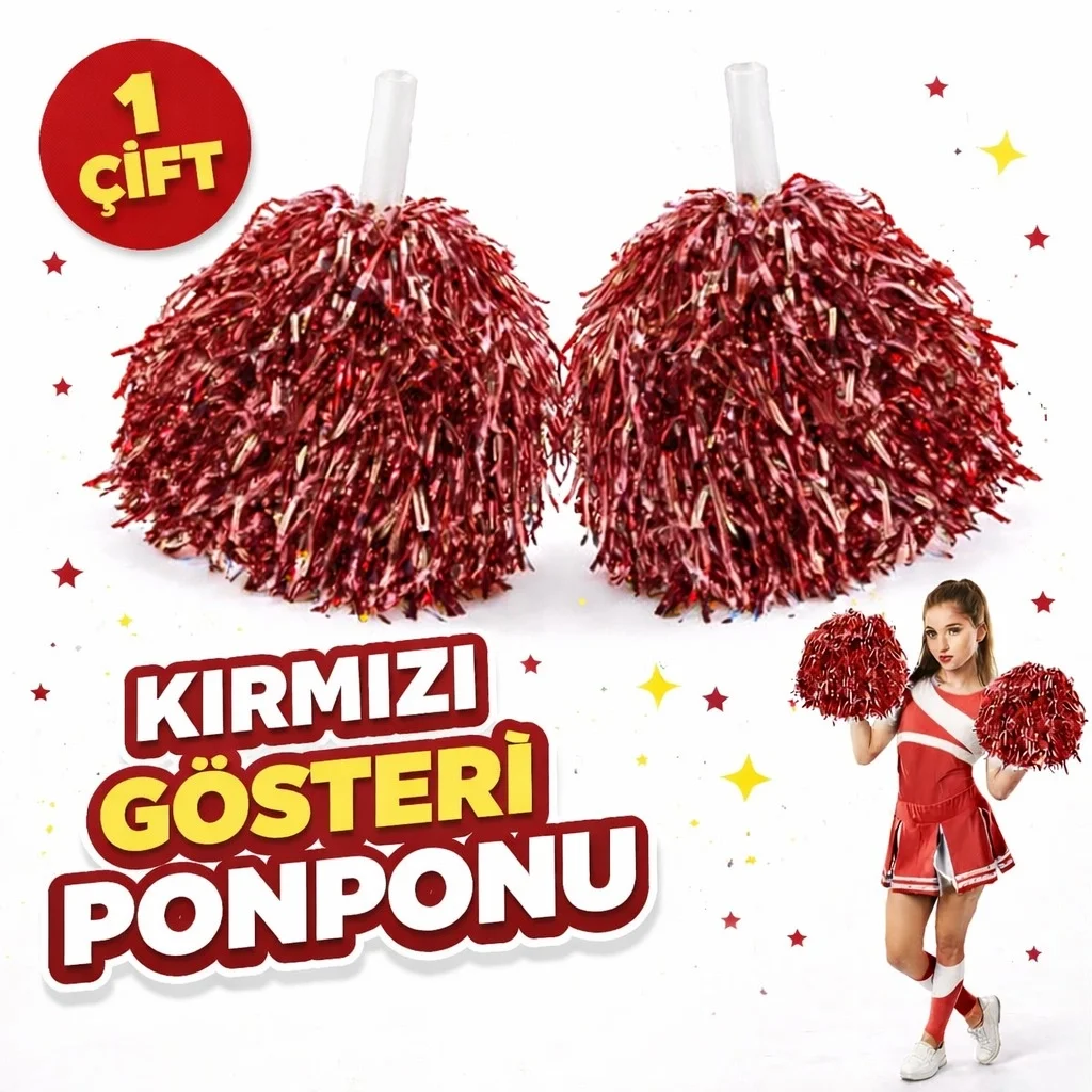 1 Çift ( 2 Adet ) Kırmızı Renk 23 Nisan 19 Mayıs 29 Ekim Okul Gösteri Ponponları Ekstra Dolgun