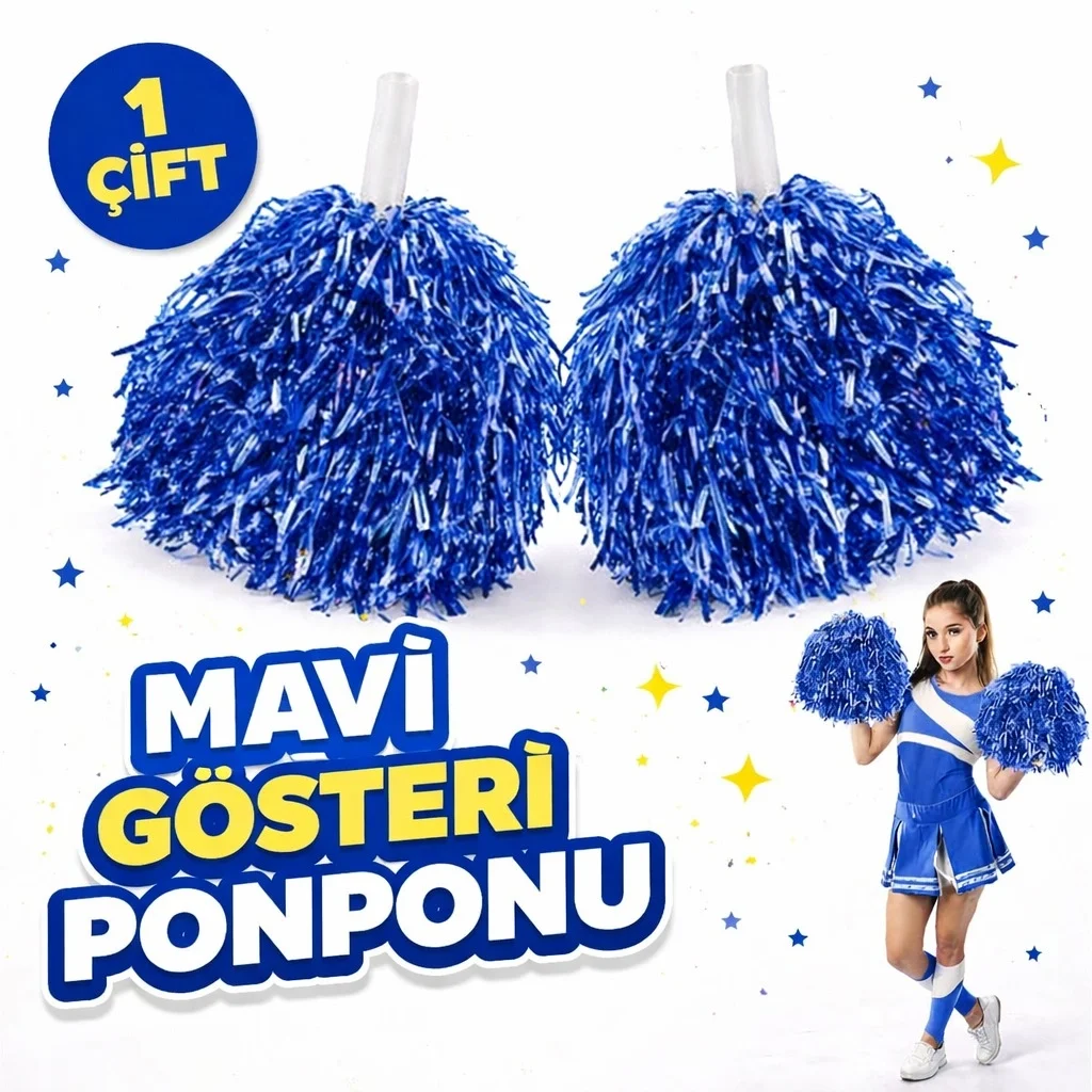 1 Çift ( 2 Adet ) Mavi Renk 23 Nisan 19 Mayıs 29 Ekim Okul Gösteri Ponponları Ekstra Dolgun
