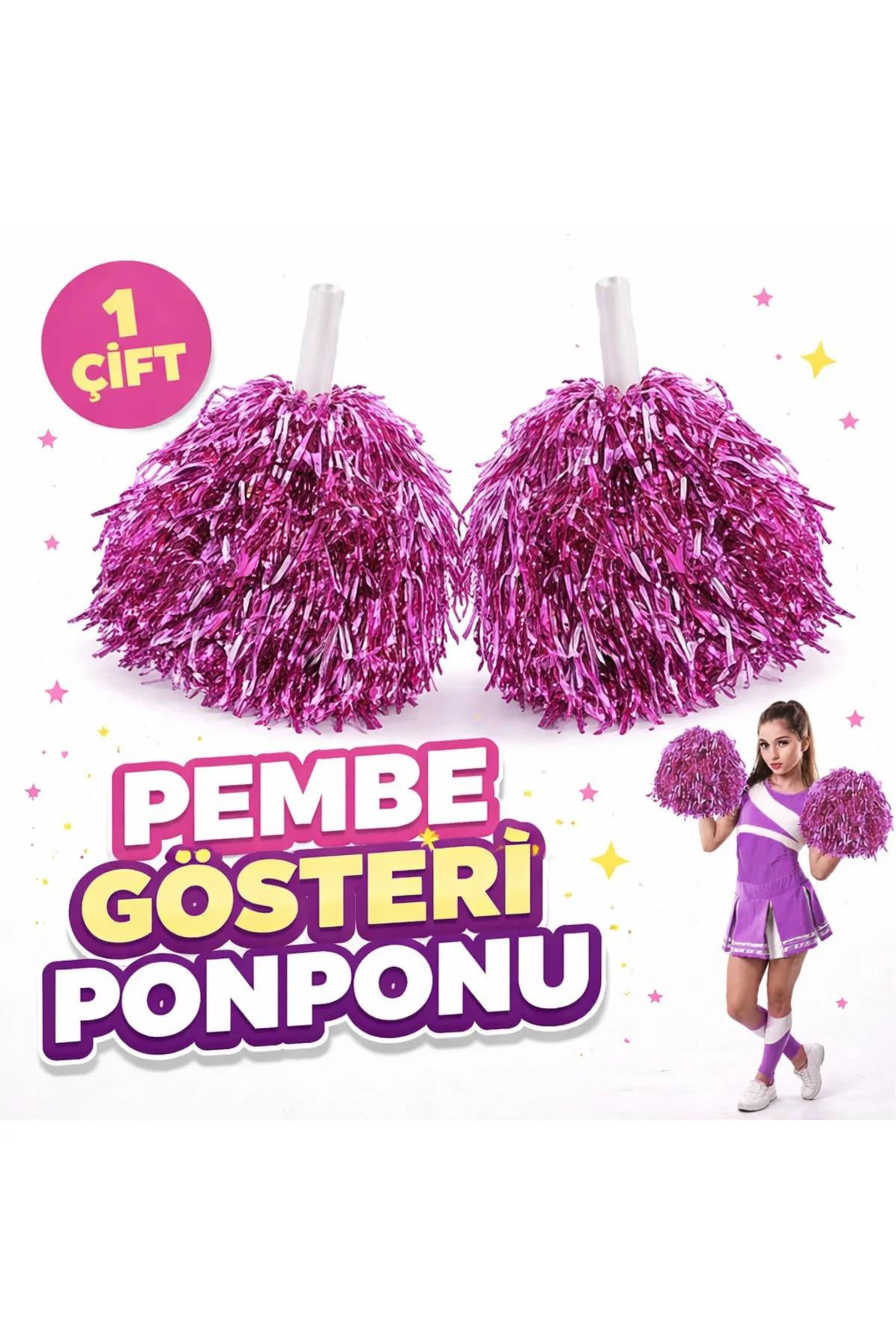 1 Çift ( 2 Adet ) Pembe Renk 23 Nisan 19 Mayıs 29 Ekim Okul Gösteri Ponponları