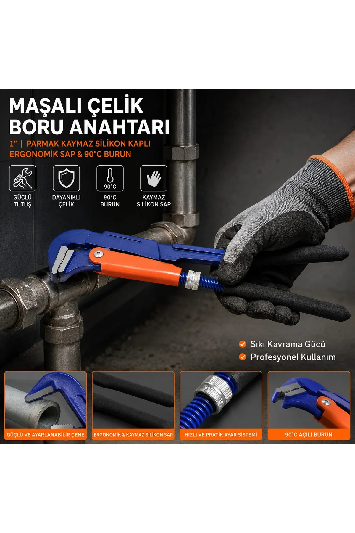 1 inç Çelik Boru Anahtarı (Silikon Saplı, 90° Maşalı) 1 inç Çelik Boru Anahtarı (Silikon Saplı, 90° Maşalı)