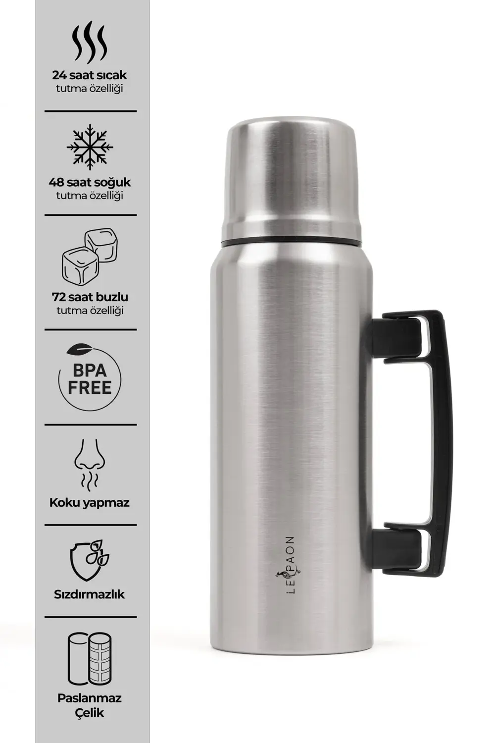 1 Lt. Paslanmaz Çelik Termos Katlanır Kulp Sızdırmaz 24 Saat Sıca