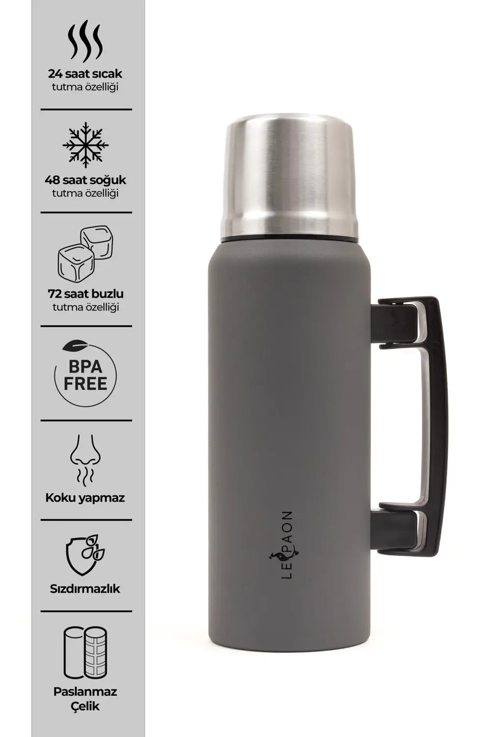 1 Lt. Paslanmaz Çelik Termos Katlanır Kulp Sızdırmaz 24 Saat Sıca