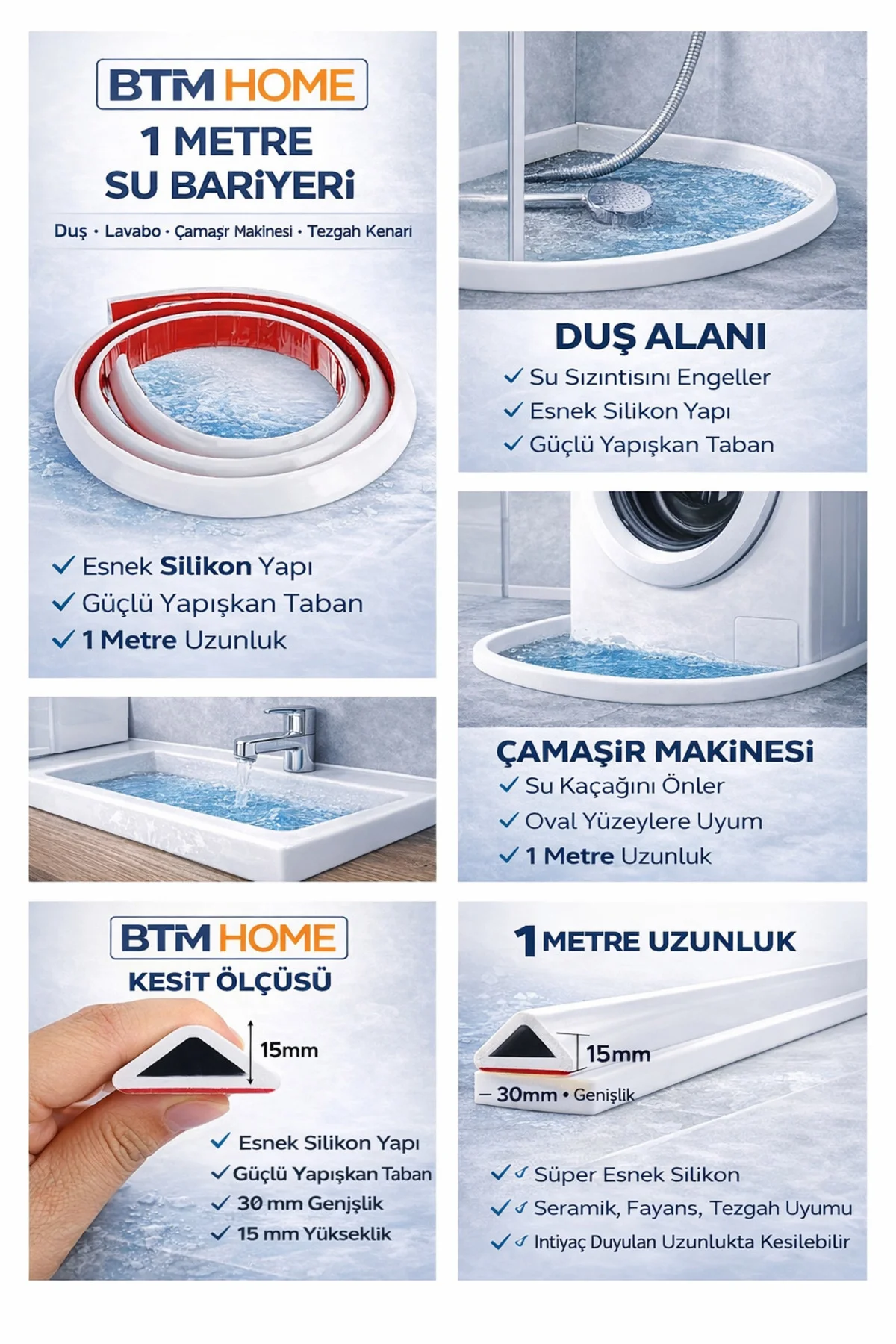 1 Metre Su Bariyeri Silikon Duş Kapı Eşiği Su Tutucu Yapışkanlı B