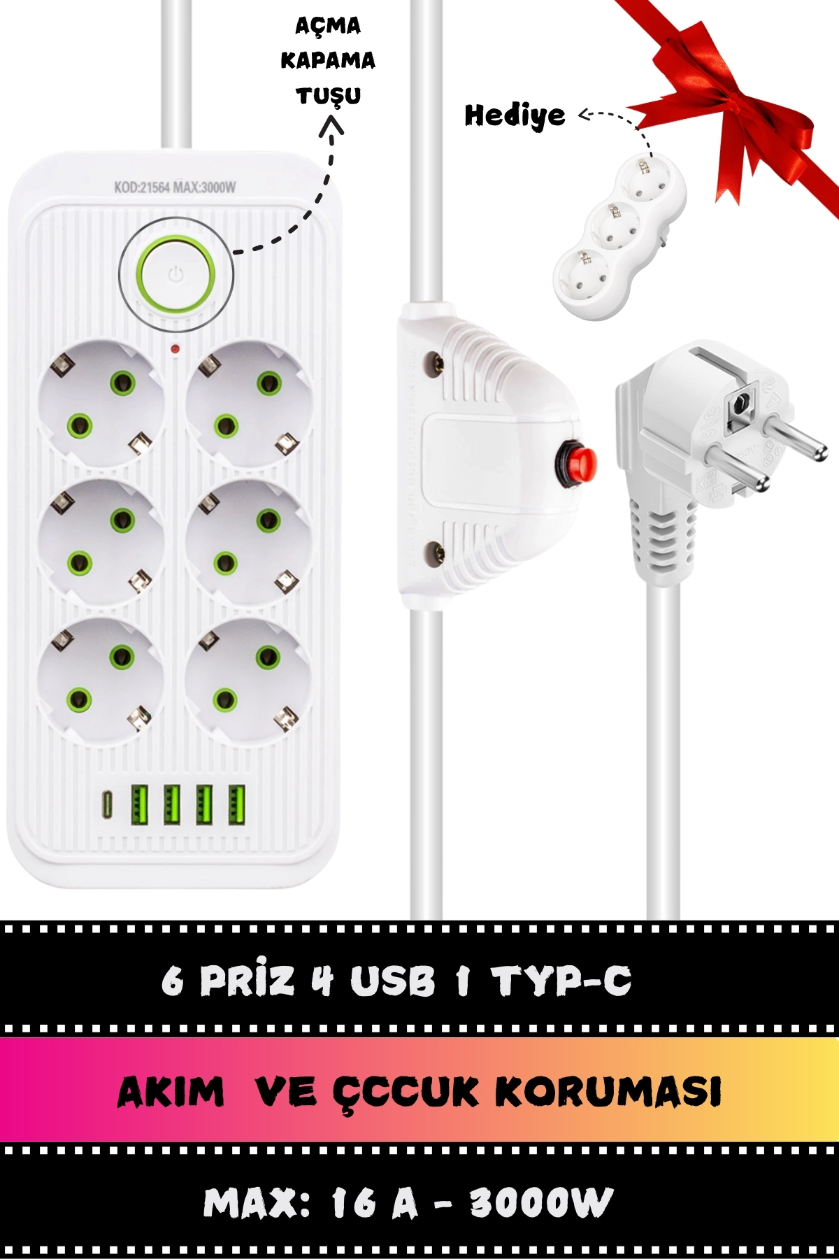 1. Metre Uzatma Kablolu 6'lı Akım Korumalı  Priz 4 Usb + 1 Typ-c 