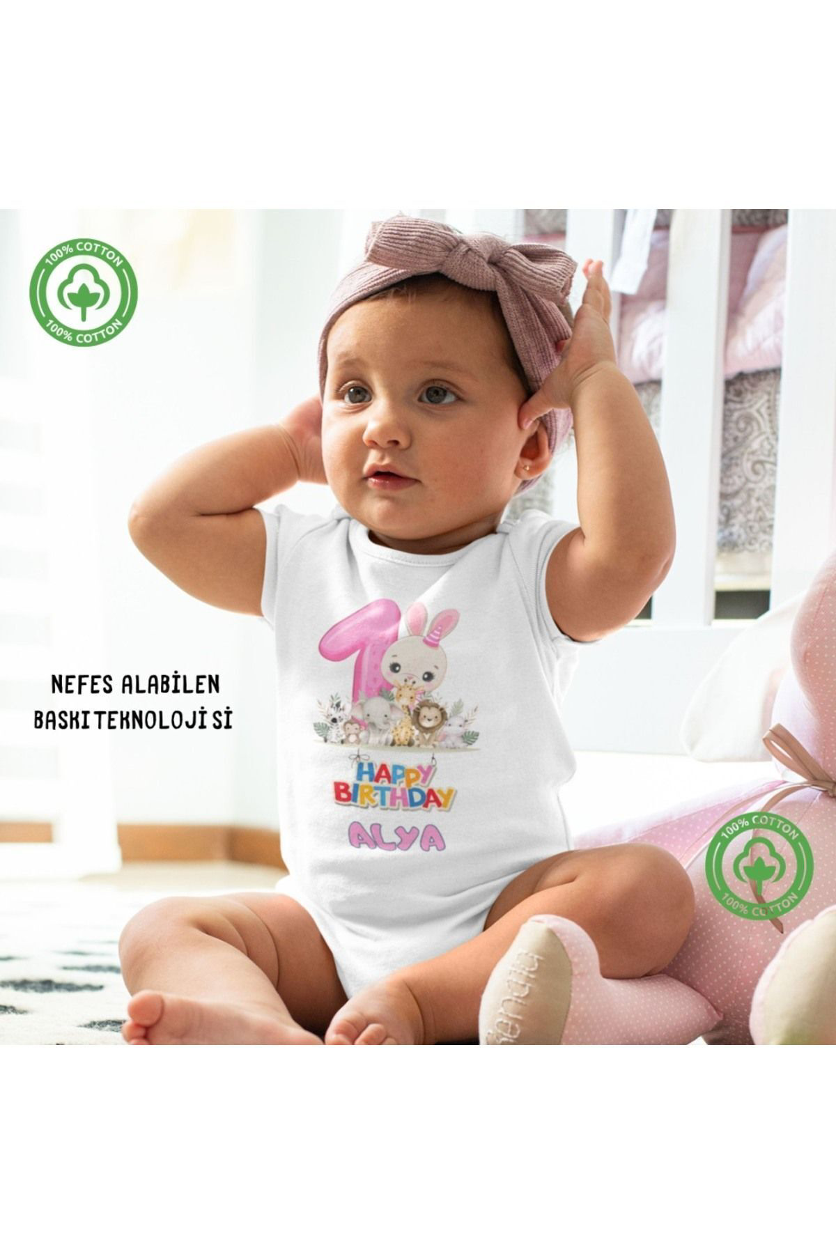 1 Yaşında Yazılı Kişiye Özel Kız Bebek Zıbın