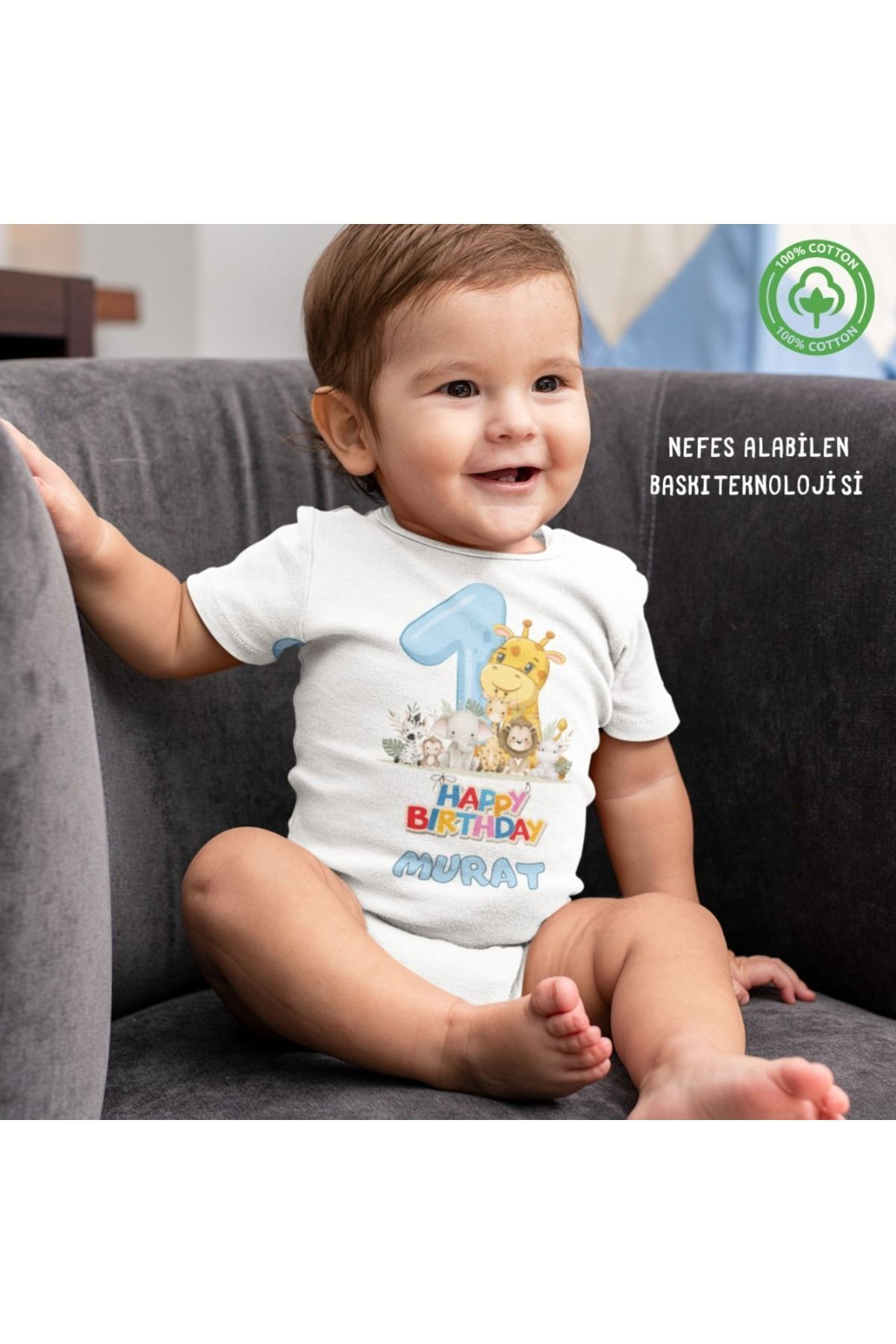 1 Yaşında Yazılı Kişiye Özel Erkek Bebek Zıbın