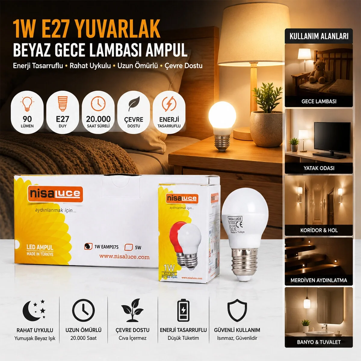 10 Adet 1w E27 Beyaz Yuvarlak Gece Lambası Led Ampul Bx40 Fiyatı, Yorumları ve Özellikleri