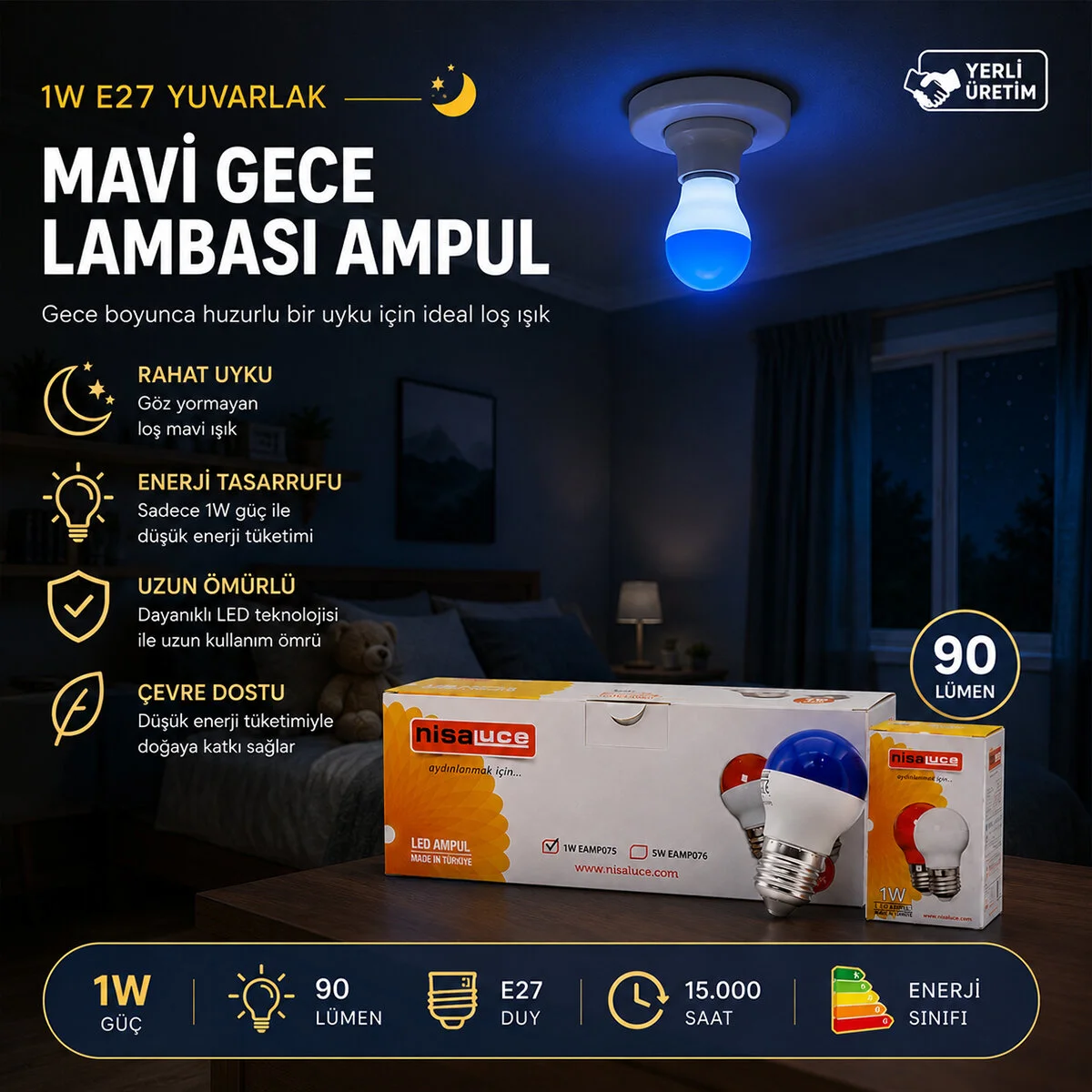 10 Adet 1W E27 Mavi Yuvarlak Gece Lambası Led Ampul EAMP-075 Fiyatı, Yorumları ve Özellikleri