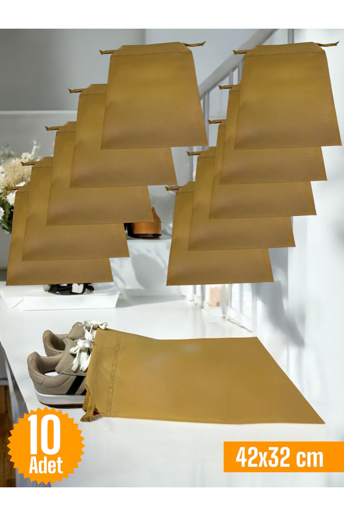 10 Adet Bej Büzgülü Ayakkabı Saklama Çantası Seyahat Hurcu ÇokAma