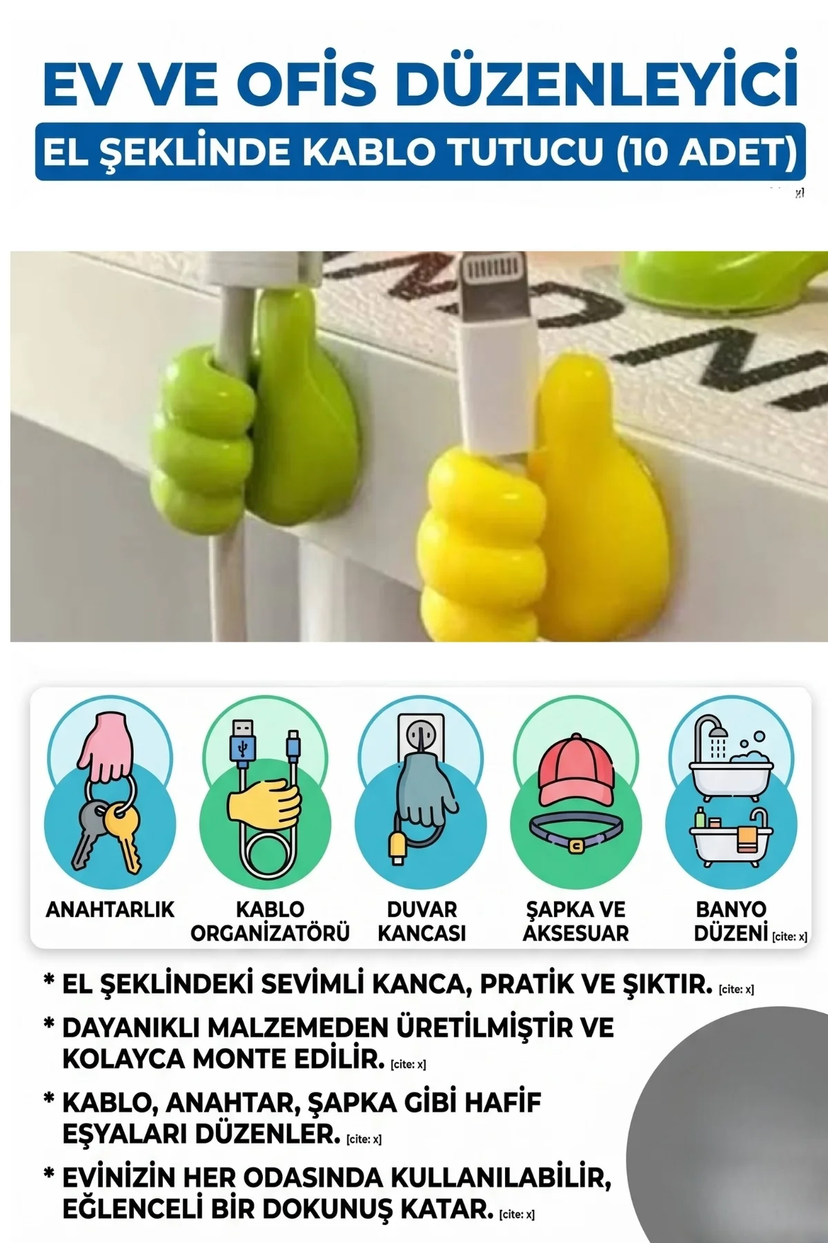 10 Adet El Şeklinde Kablo Tutucu, Çok Amaçlı Pratik Kablo Düzenle