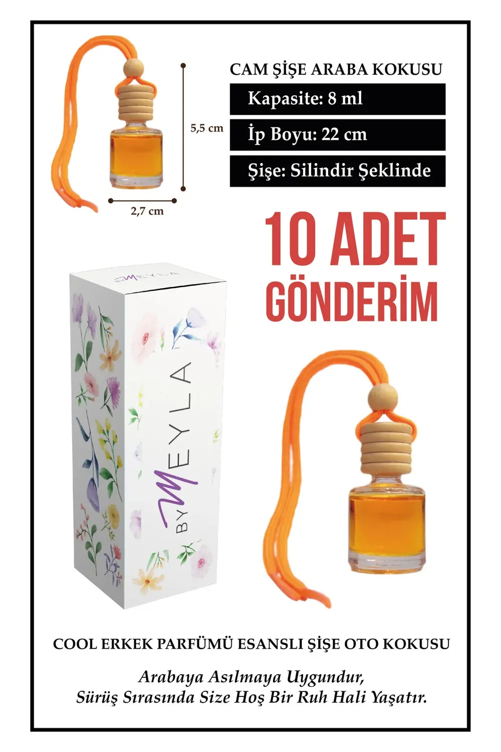 10 Adet Erkek Parfümü Esans Aromalı Cam Şişeli Oto Kokusu ve Torp