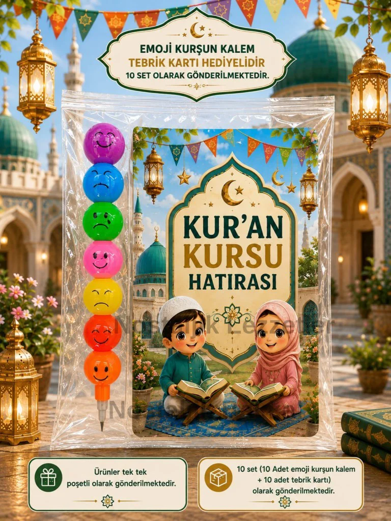 10 Adet Kur'an Kursu Hatırası Emoji Yumurtlayan Kurşun Kalem Tebrik Kartı Hediye Seti