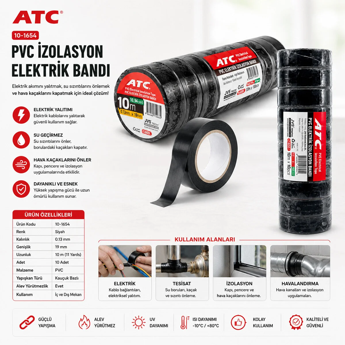 10 Adet Lüx Siyah Pvc İzolasyon Elektrik Bandı 0.13X19X11YDS 10MM - 1 Paket Gönderilir - 1 Paket İçinde 10 Adet Bant Vardır Fiyatı, Yorumları ve Özellikleri