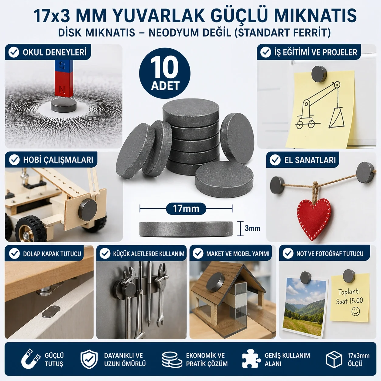 10 Adet Mıknatıs 17x3 Mm Yuvarlak Güçlü Mıknatıs Disk Mıknatıs