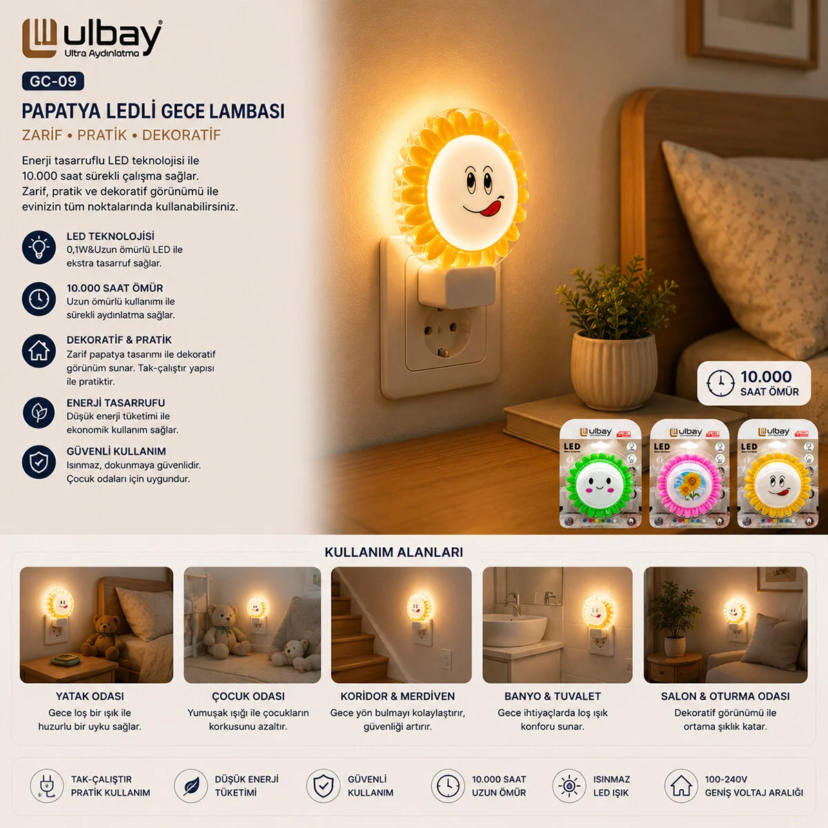 10 Adet Papyatya Ledli Gece Lambası GC-09