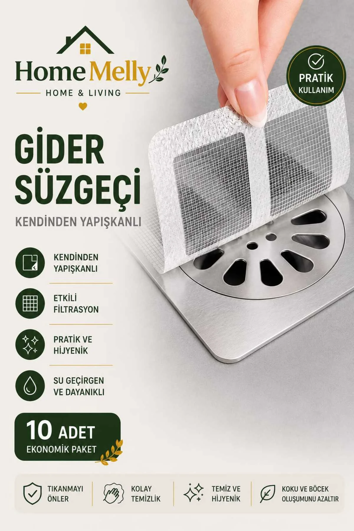 10 Adet Pratik Yapışkanlı Banyo Mutfak Lavabo Gider Koruma Filtresi - Tıkanmayı Önleyici