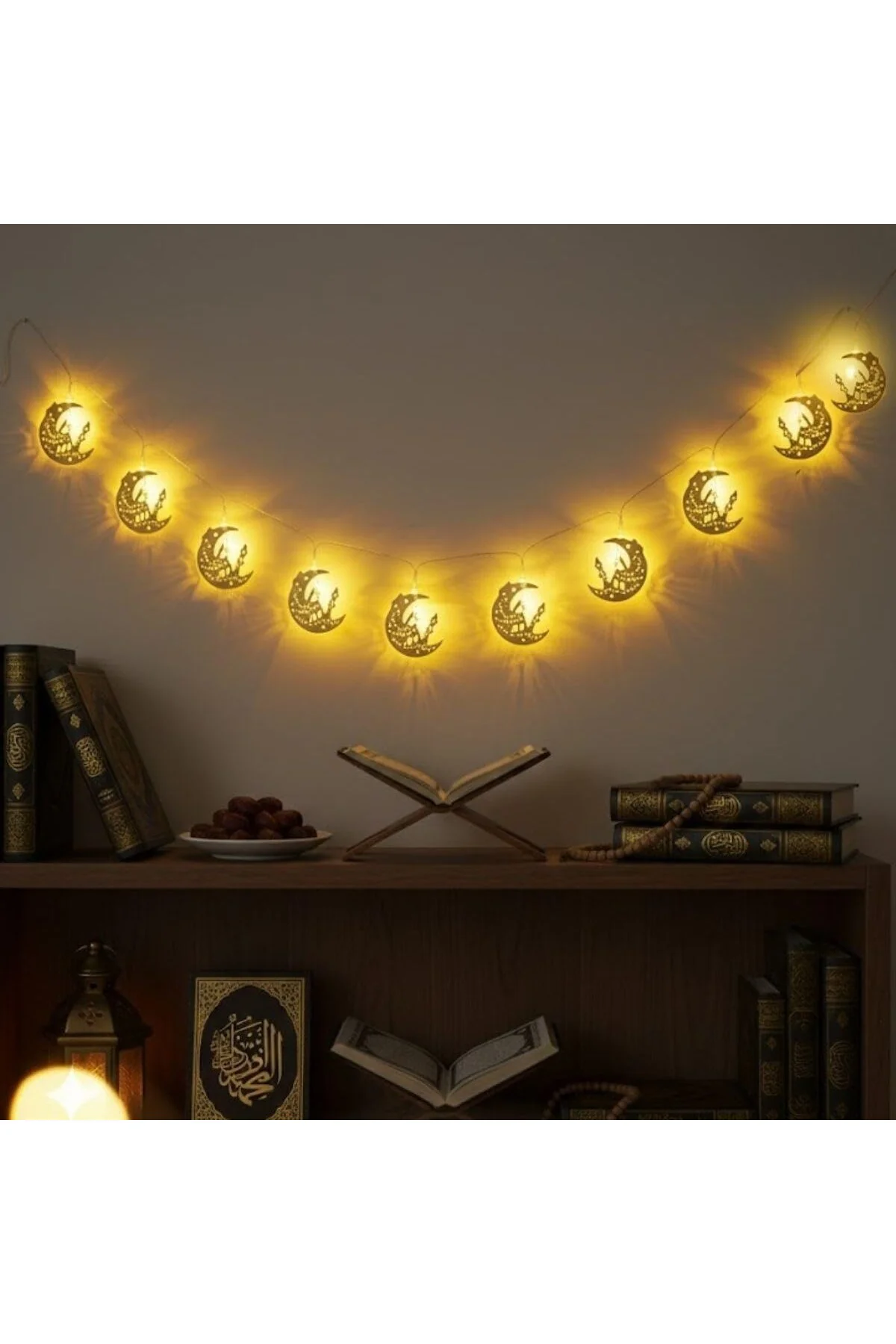 10 Adet Sarkıtlı Ramazan Hilal Üstü Cami Temalı LED Işık, Pilli 2 Metre, İslami De