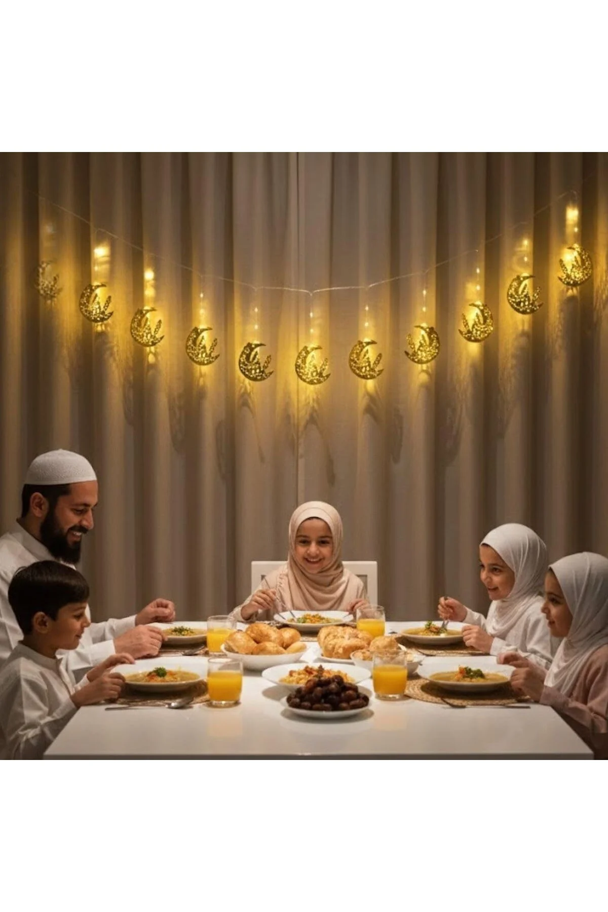 10 Adet Sarkıtlı Ramazan Hilal Üstü Cami Temalı LED Işık, Pilli 2 Metre, İslami De