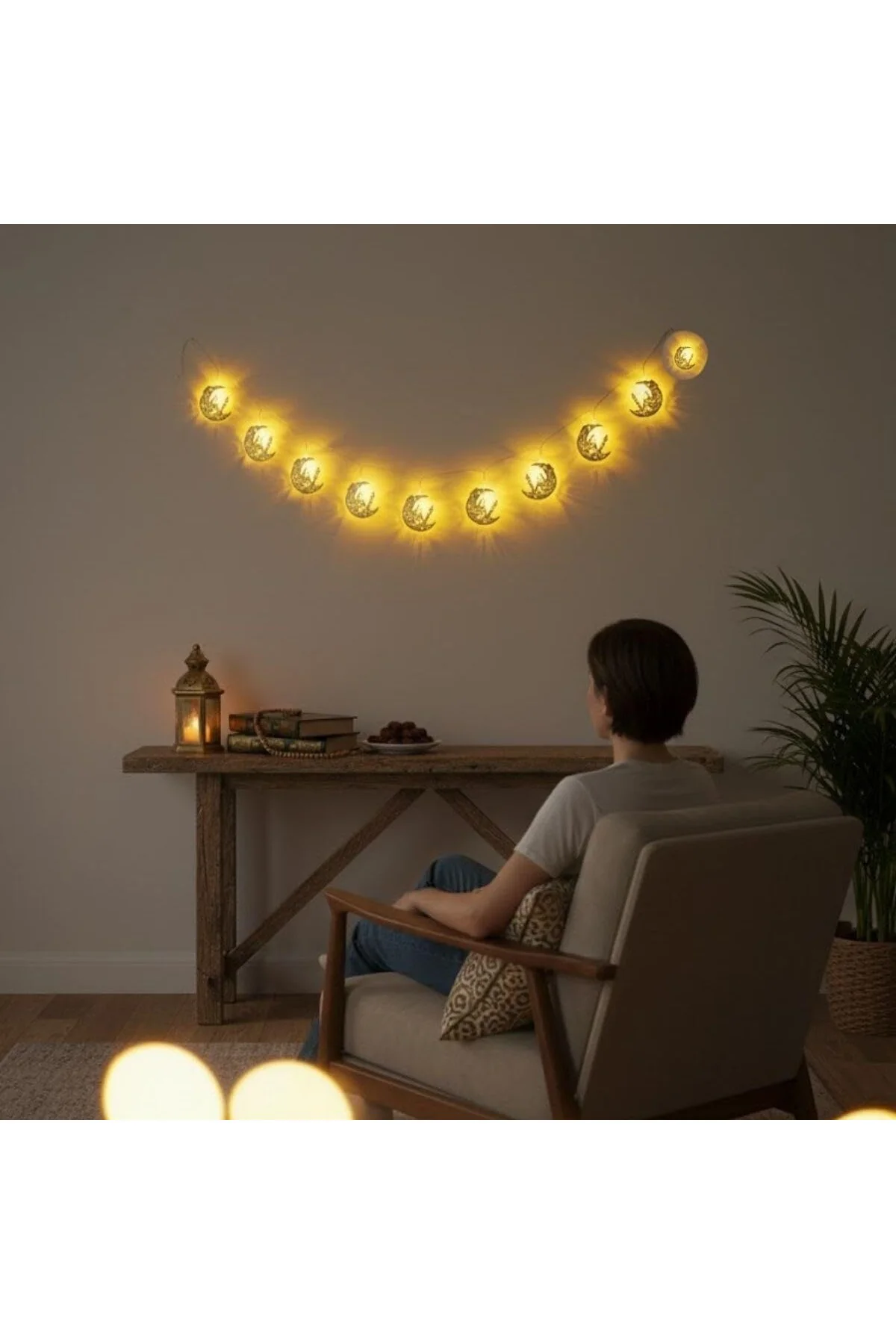 10 Adet Sarkıtlı Ramazan Hilal Üstü Cami Temalı LED Işık, Pilli 2 Metre, İslami De