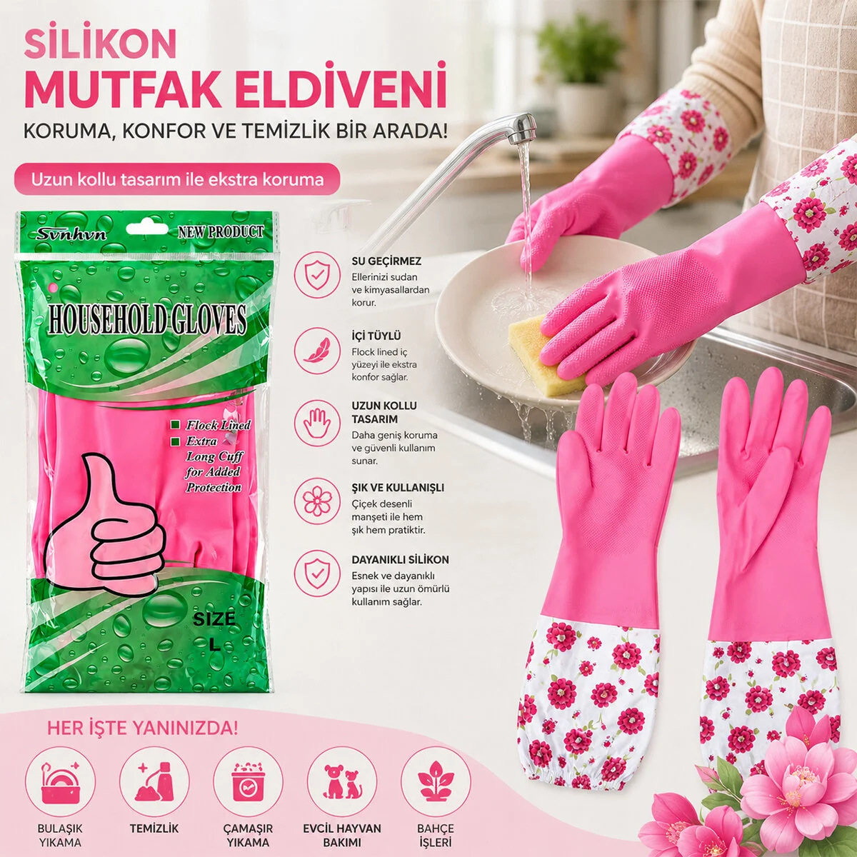 10 Adet Su Geçirmez - Uzun Kollu L Çiçek Desen Silikon Eldiven Mutfak - Banyo 10 Adet Su Geçirmez - Uzun Kollu L Çiçek Desen Silikon Eldiven Mutfak - Banyo