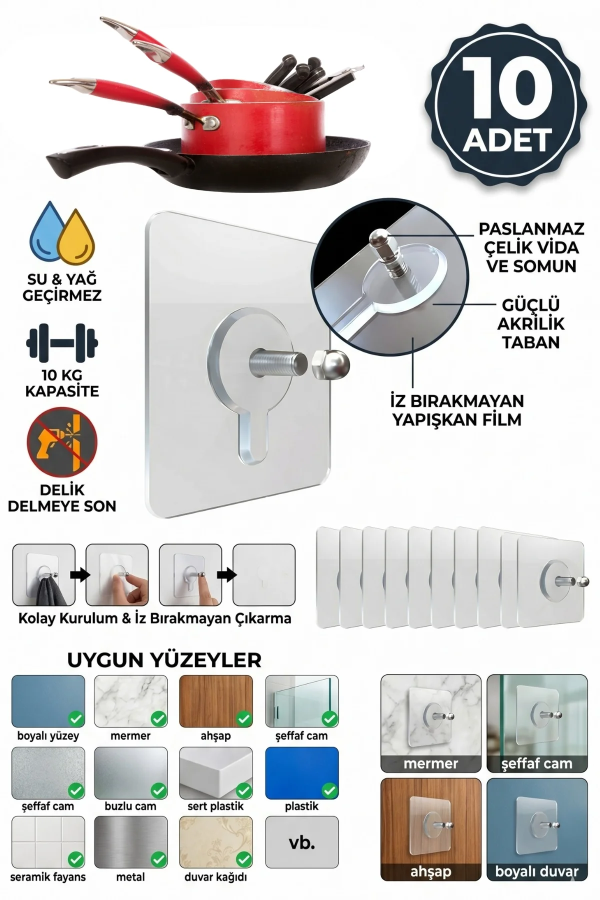 10 Adet Ultra Güçlü Yapıştırmalı Vantuzlu Askı, Pratik Mutfak Ban