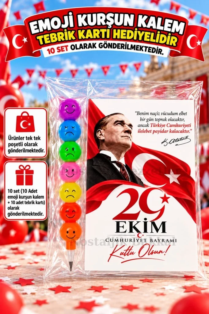 10 Adet Yumurtlayan Kurşun Kalem 29 Ekim Cumhuriyet Bayramı Tebrik Kartı Hediye Seti