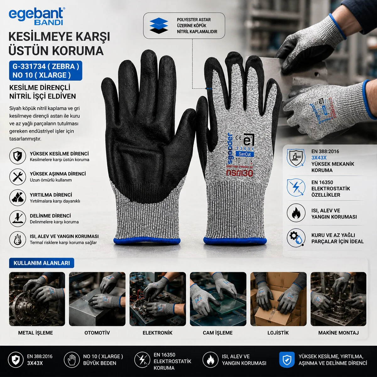 10 Adet Zebra No 10 Xlarge Kesilme Dirençli Nitril İşçi Eldiven Bandı 10 Adet Zebra No 10 Xlarge Kesilme Dirençli Nitril İşçi Eldiven Bandı