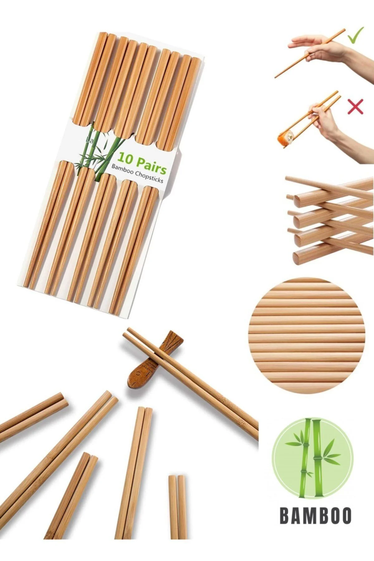 10 Çift - 20 Adet Yıkanabilir Organik Bambu Çin Yemek Çubuğu Chopsticks