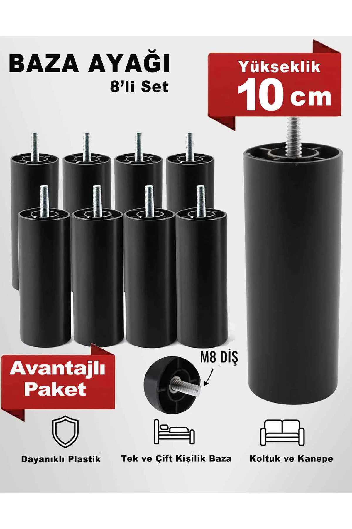 10 Cm (8 Adet) Siyah M8 Diş Silindir Mobilya Koltuk Kanepe Baza A