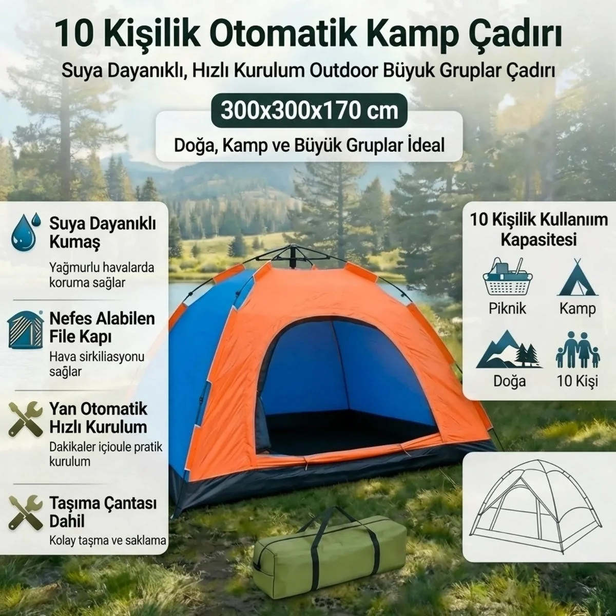 10 kişilik Otomatik Kurulum Kamp Çadırı – Outdoor , Suya Dayanıklı Hızlı Kurulum Piknik Ve Doğa İçin Geniş Aile Çadırı 300x300x170 Cm Bx40 Fiyatı, Yorumları ve Özellikleri