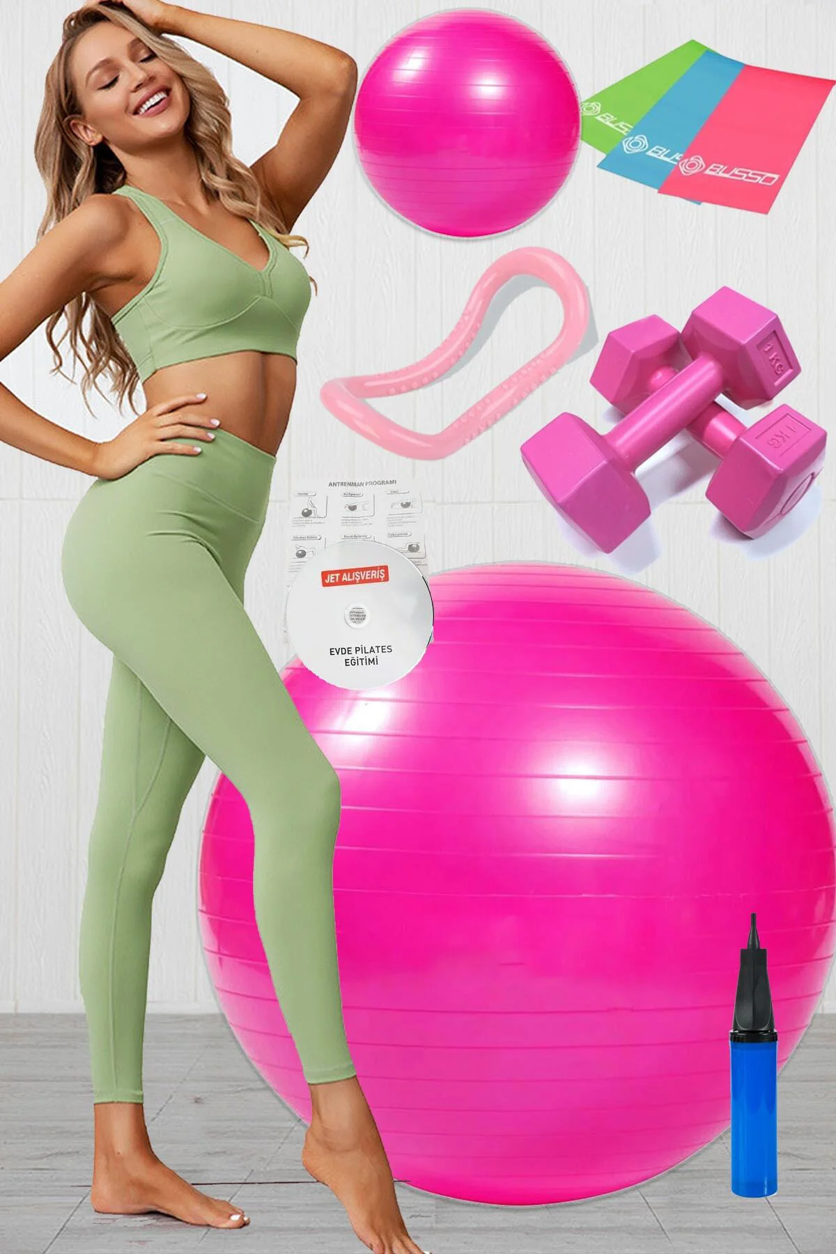 10 Lu Pilates Topu Seti Takımı 3 Lü Pilates Bandı Lastiği 1 Kg Da