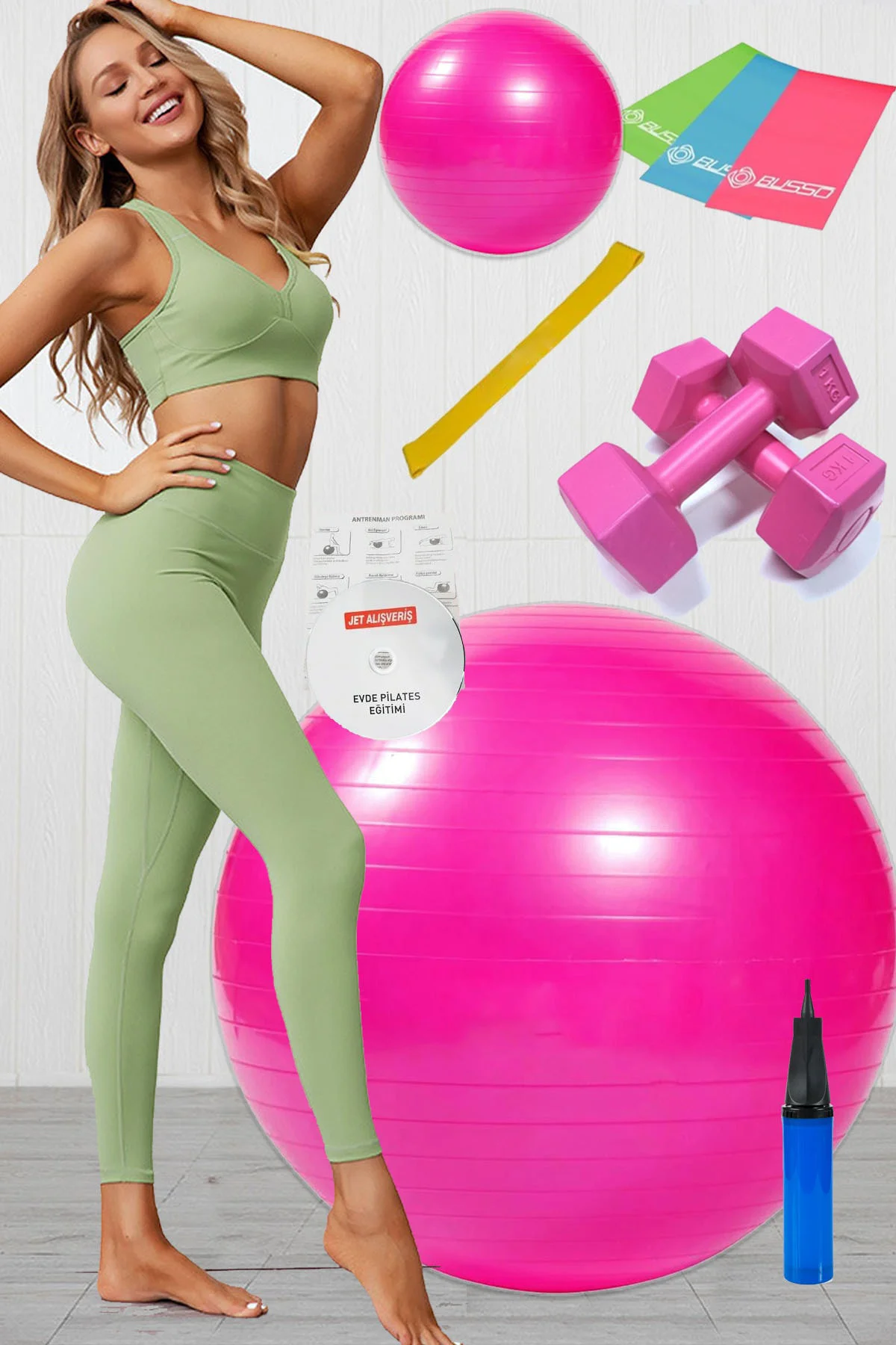 10 Lu Pilates Topu Seti Takımı 3 Lü Pilates Bandı Lastiği 1 Kg Da