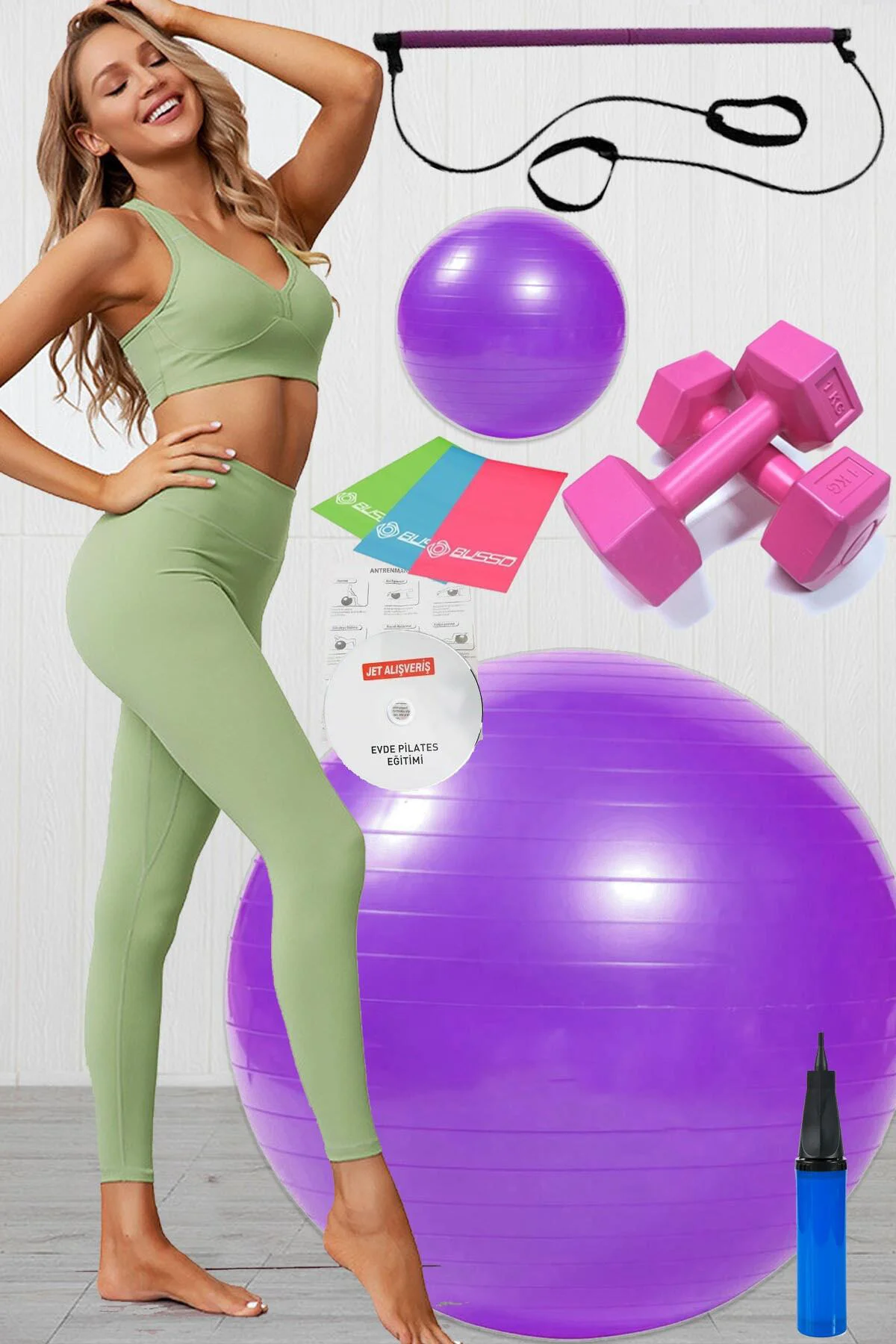 10 Lu Pilates Topu Seti Takımı 3 Lü Pilates Bandı Lastiği 1 Kg Da